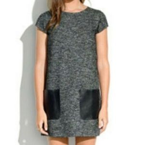 Madewell Grey Wool Shift Dress Leather Pockets